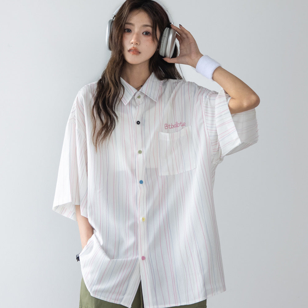 彩色條紋設計短袖襯衫女新款襯衣別致字母刺繡上衣