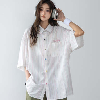 彩色條紋設計短袖襯衫女新款襯衣別致字母刺繡上衣