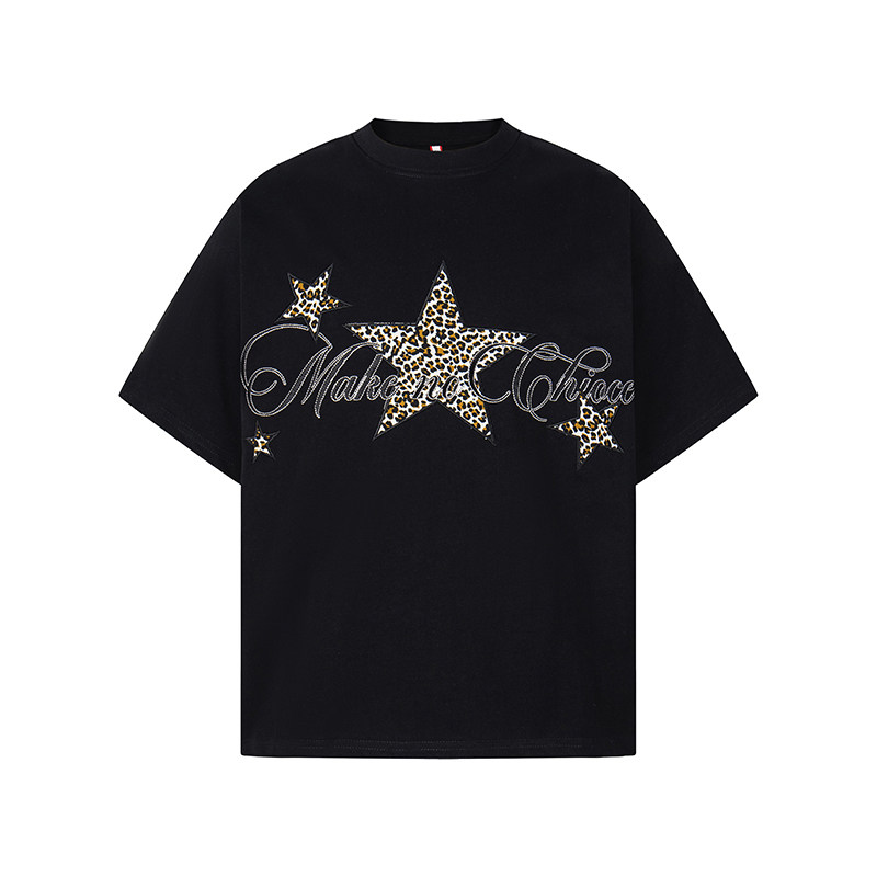 美式復古星星豹紋刺繡圓領短袖T恤女夏季寬鬆百搭tee