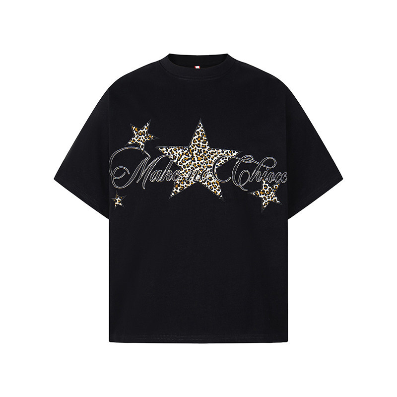 美式復古星星豹紋刺繡圓領短袖T恤女夏季寬鬆百搭tee