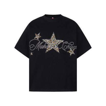 美式復古星星豹紋刺繡圓領短袖T恤女夏季寬鬆百搭tee