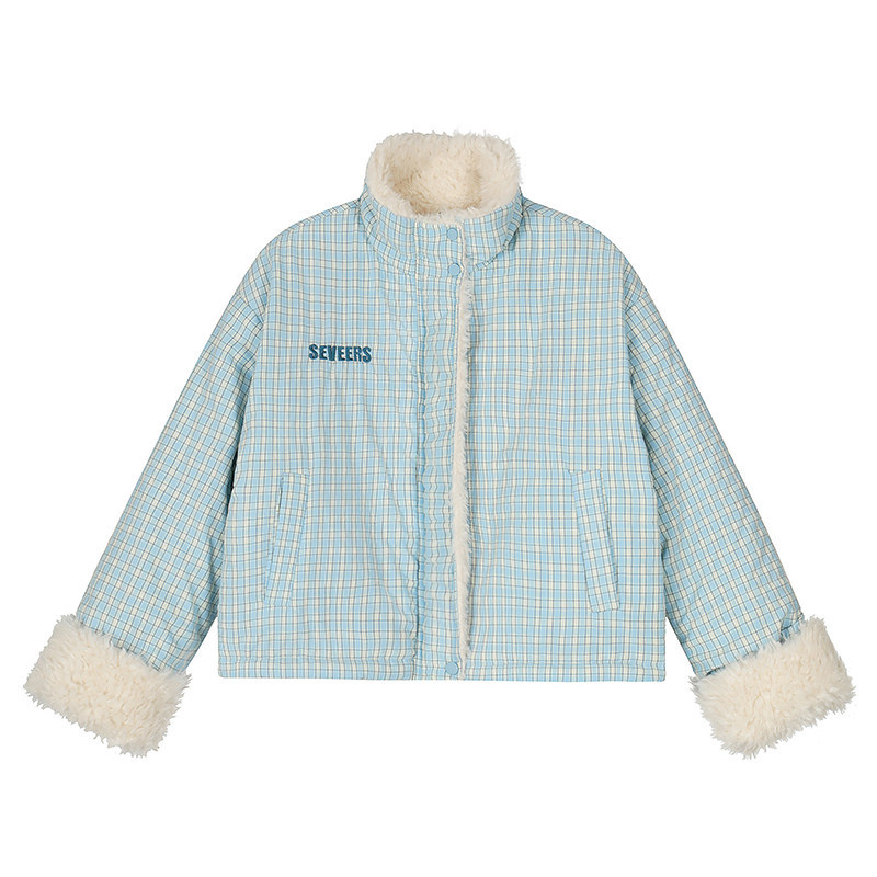 美式復古雙面穿格子棉服外套女冬季新款加絨百搭寬鬆棉襖