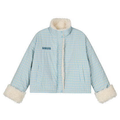 美式復古雙面穿格子棉服外套女冬季新款加絨百搭寬鬆棉襖