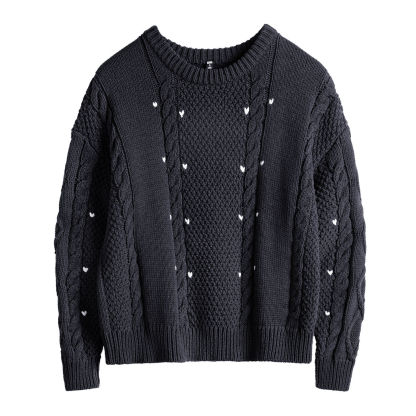 藍色圓領寬鬆加厚保暖套頭外穿粗麻花毛線針織上毛衣女士秋冬