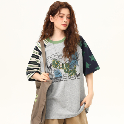 夏季新款撞色條紋插肩袖設計感短袖T恤女潮流高級感