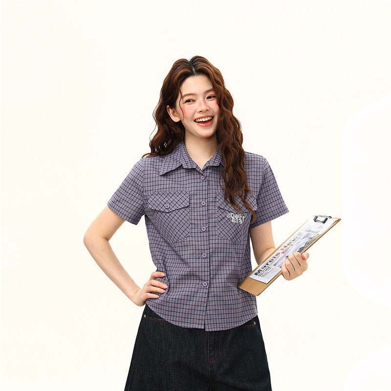 正肩格子襯衫女夏季潮流高智感顯瘦紫色格紋襯衣女