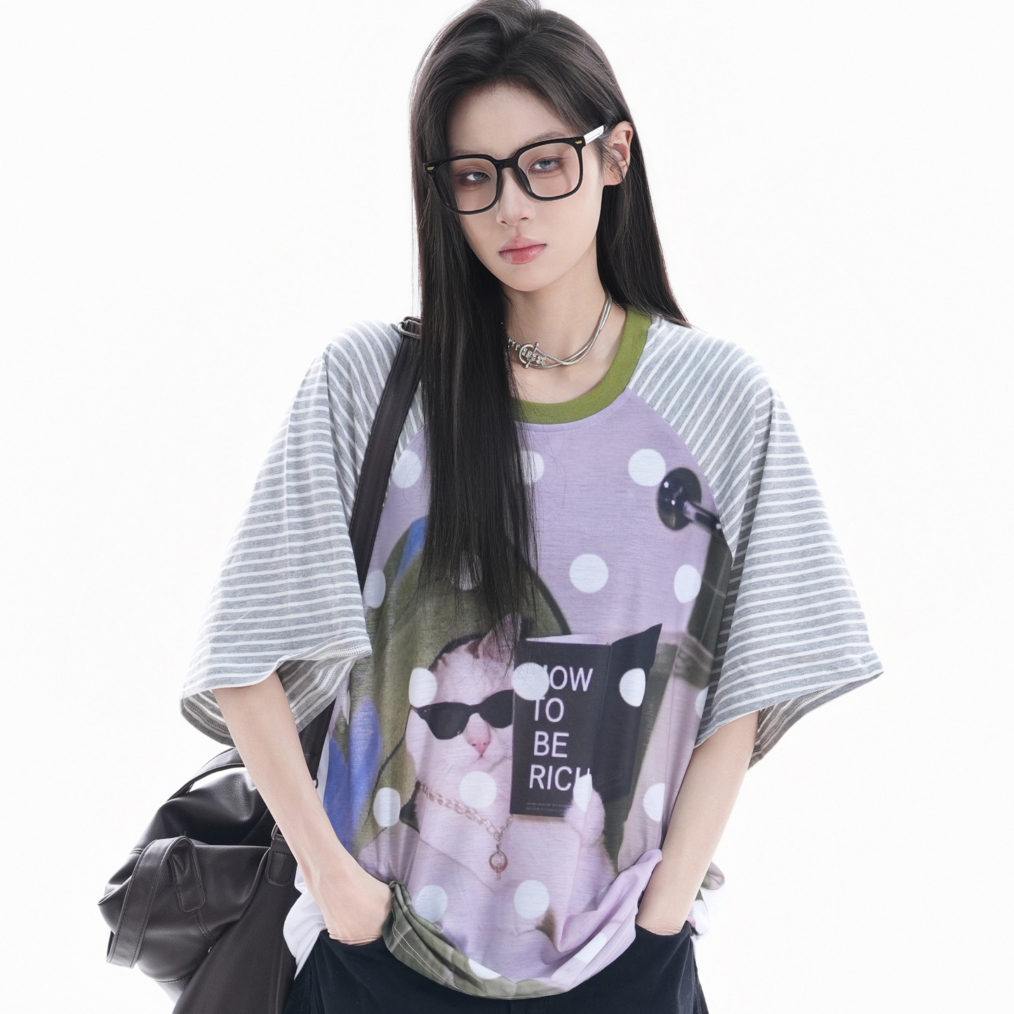 美式個性猫咪印花波點短袖上衣女設計感條紋插肩T恤