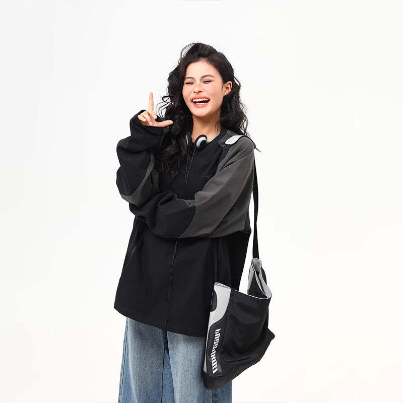 美式復古拼接撞色高級感長袖衛衣女寬鬆潮流上衣