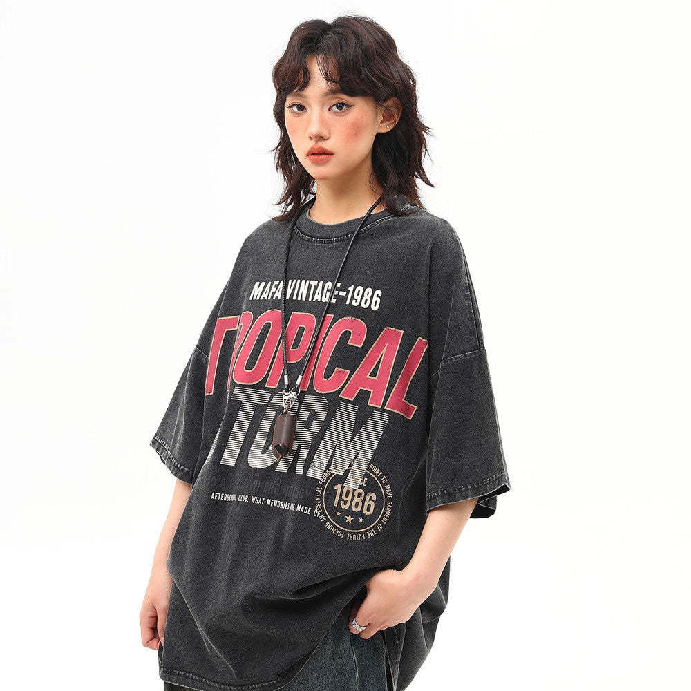 260G水洗重磅美式復古印花短袖T恤女夏季百搭中性上衣