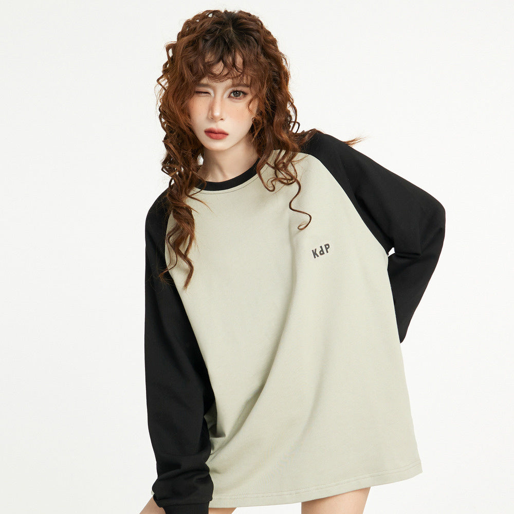 美式插肩長袖t恤女秋冬季早秋寬鬆正肩設計感內搭打底衫長款上衣