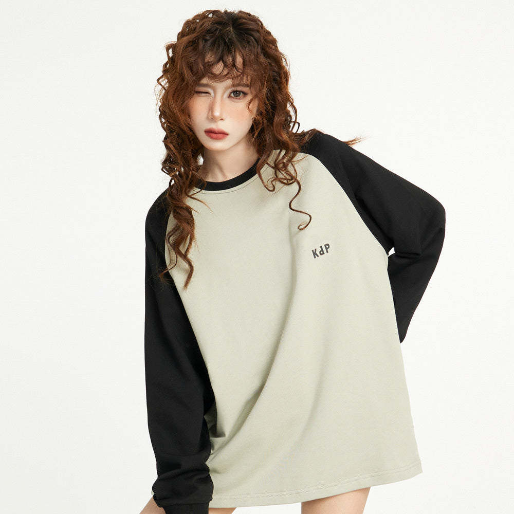 美式插肩長袖t恤女秋冬季早秋寬鬆正肩設計感內搭打底衫長款上衣