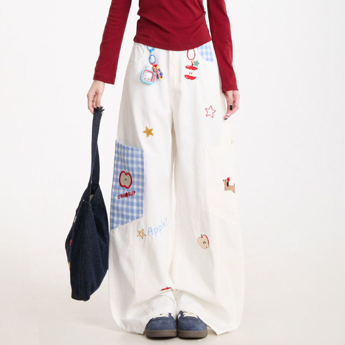 卡通刺繡牛仔褲女格紋拼接大口袋闊腿褲潮牌百搭直筒褲