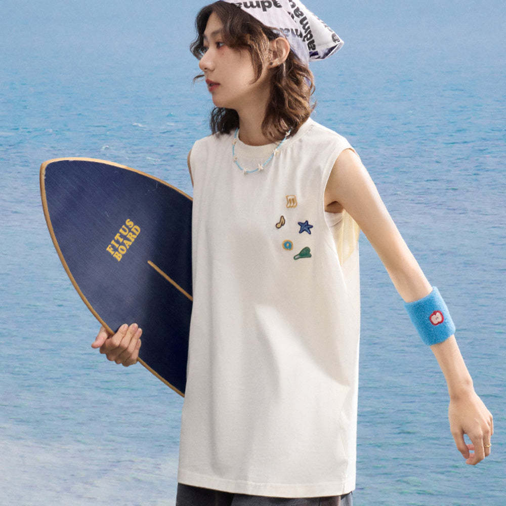 日系寬鬆無袖繡章裝潢雙紗面料原創純棉休閒背心女夏