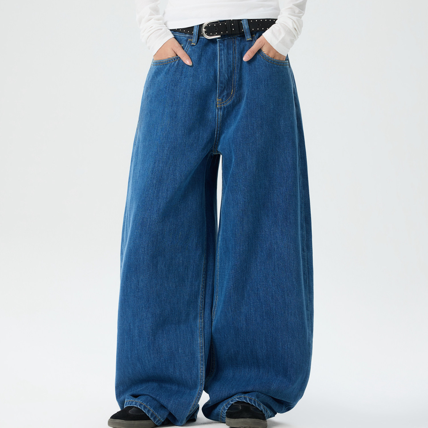 美式復古街頭水洗深藍色牛仔褲女寬鬆直筒百搭闊腿褲子