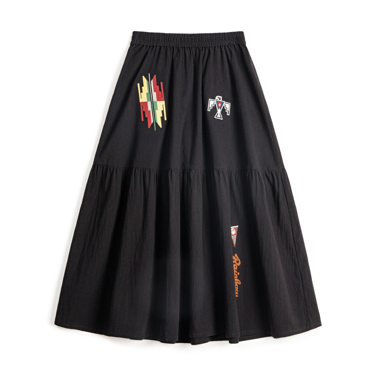 黑色復古鬆緊腰刺繡花A字過膝大裙擺半身長裙拼接裙子女士春