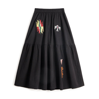 黑色復古鬆緊腰刺繡花A字過膝大裙擺半身長裙拼接裙子女士春