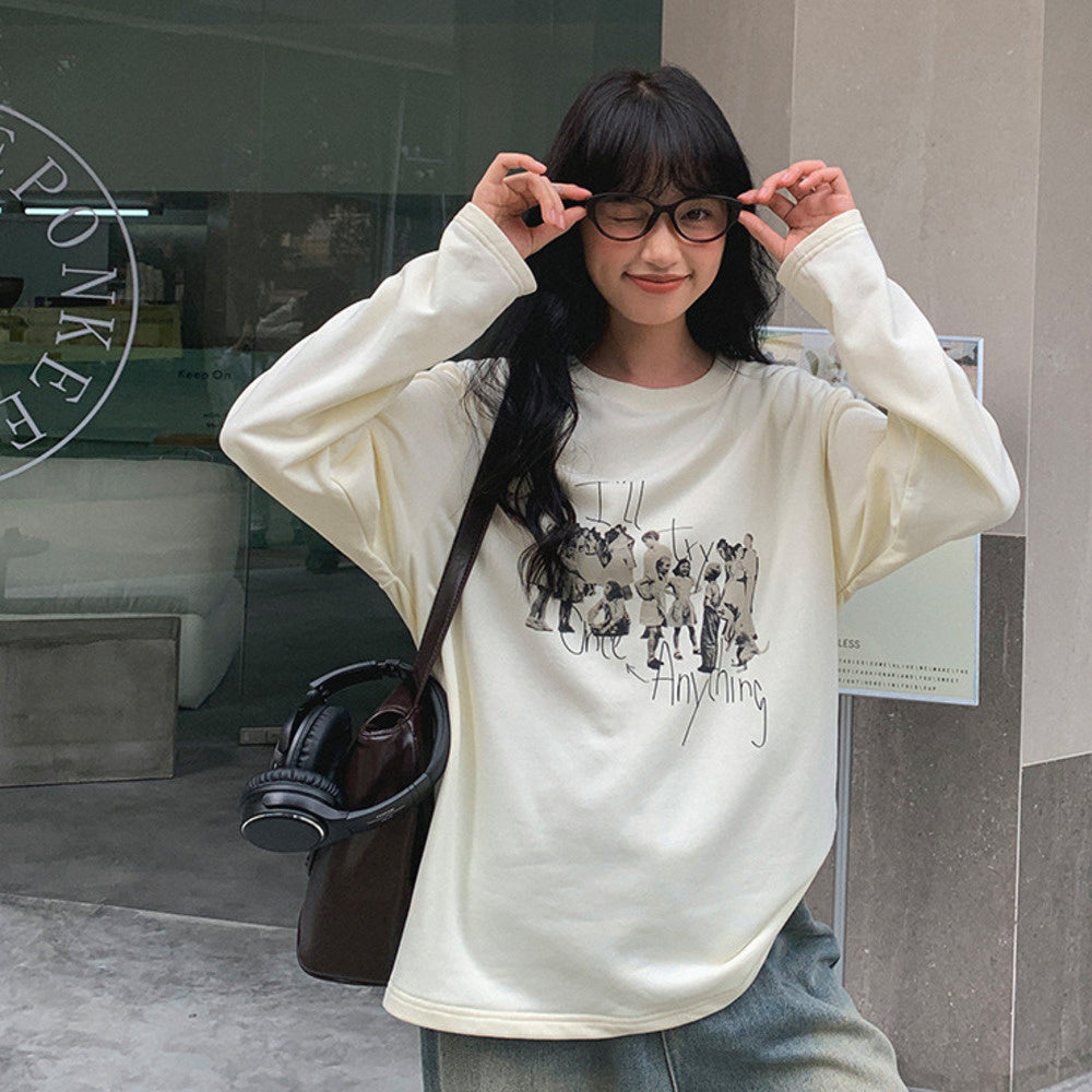 日系復古印花繡花寬鬆長袖t恤女秋新款寬鬆顯瘦純棉上衣