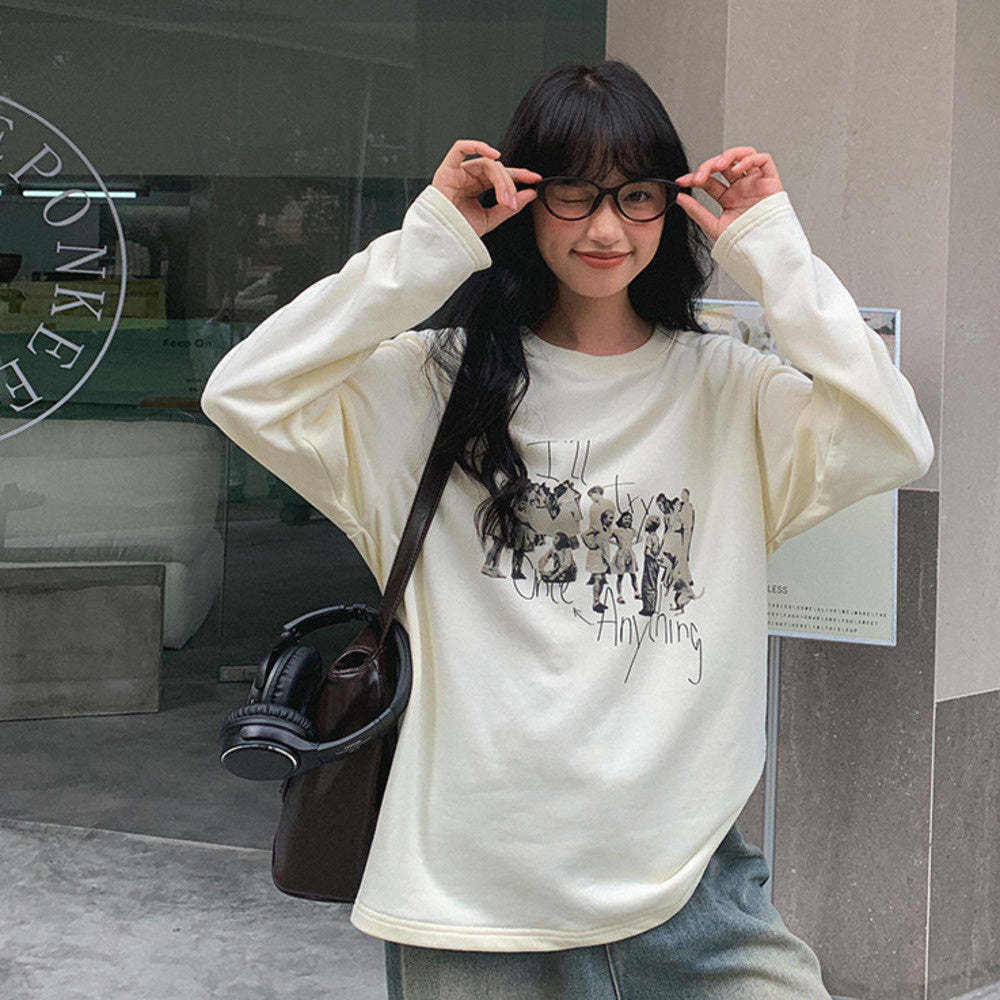 日系復古印花繡花寬鬆長袖t恤女秋新款寬鬆顯瘦純棉上衣