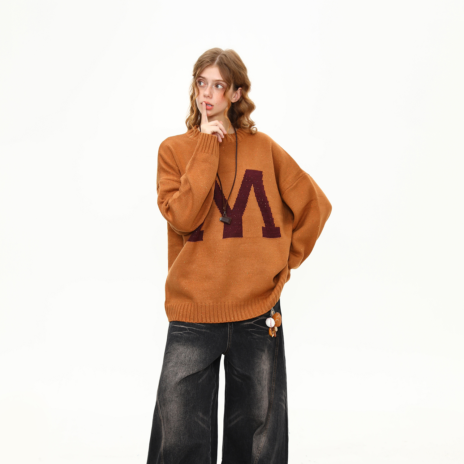 美式復古字母學院風針織衫毛衣女秋冬圓領套頭慵懶風上衣