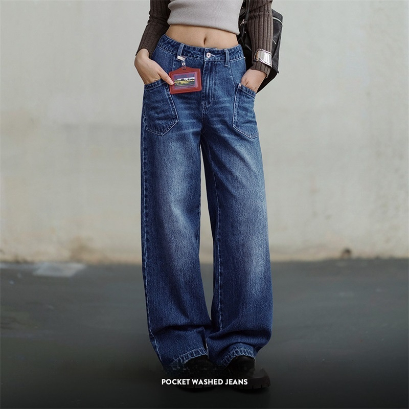 馬登女裝 美式闊腿牛仔褲水洗丹寧直筒拖地褲子設計感顯瘦長褲春秋季女