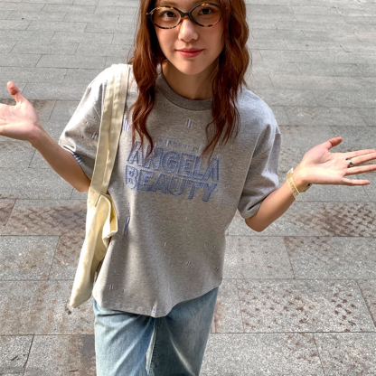 復古高級設計感刺繡斑斕拼色短袖t恤女寬鬆