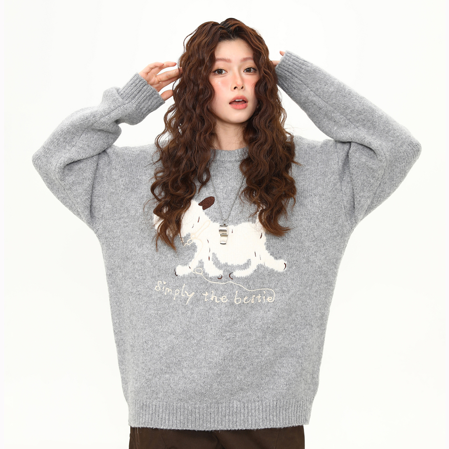 小狗刺繡圓領軟糯毛衣女秋冬慵懶風寬鬆復古針織衫上衣