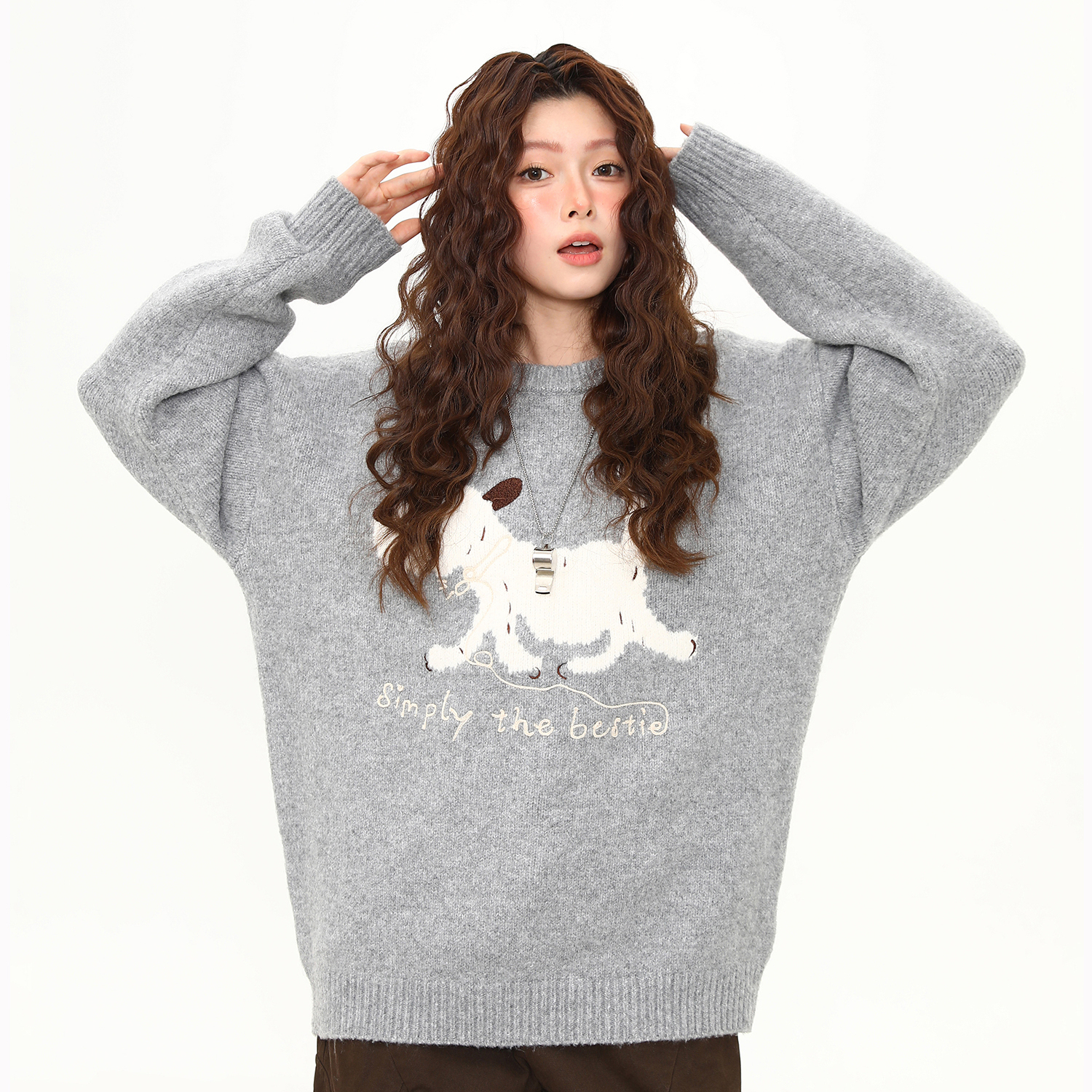 小狗刺繡圓領軟糯毛衣女秋冬慵懶風寬鬆復古針織衫上衣