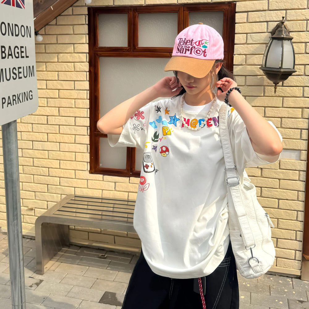 美式手繪塗鴉字母印花短袖女夏季新款寬鬆休閒T恤