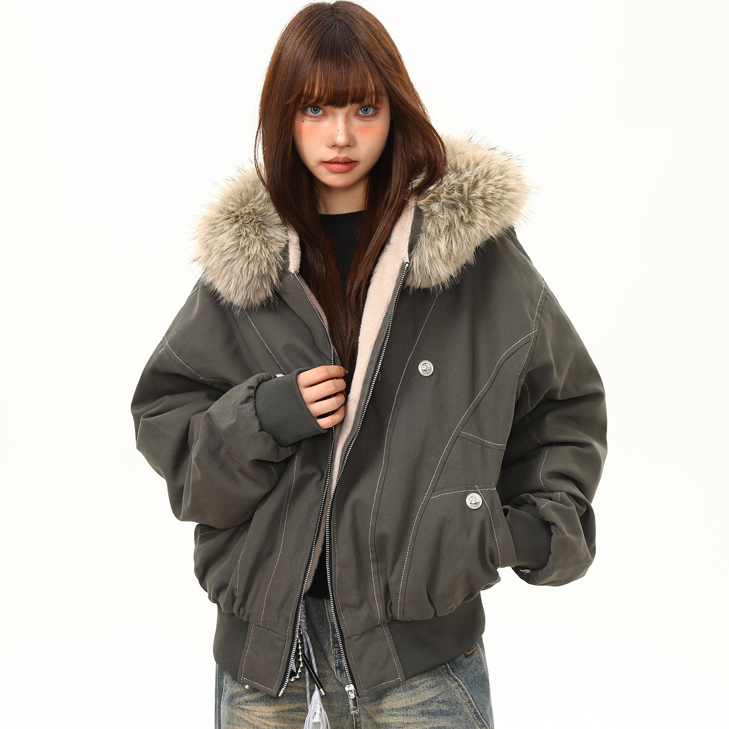 美式潮牌毛領座山雕加厚保暖棉服外套女冬季百搭棉衣