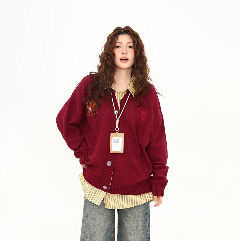美式假兩件學院風紅色毛衣女開衫慵懶風鬆弛感針織衫外套