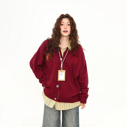 美式假兩件學院風紅色毛衣女開衫慵懶風鬆弛感針織衫外套