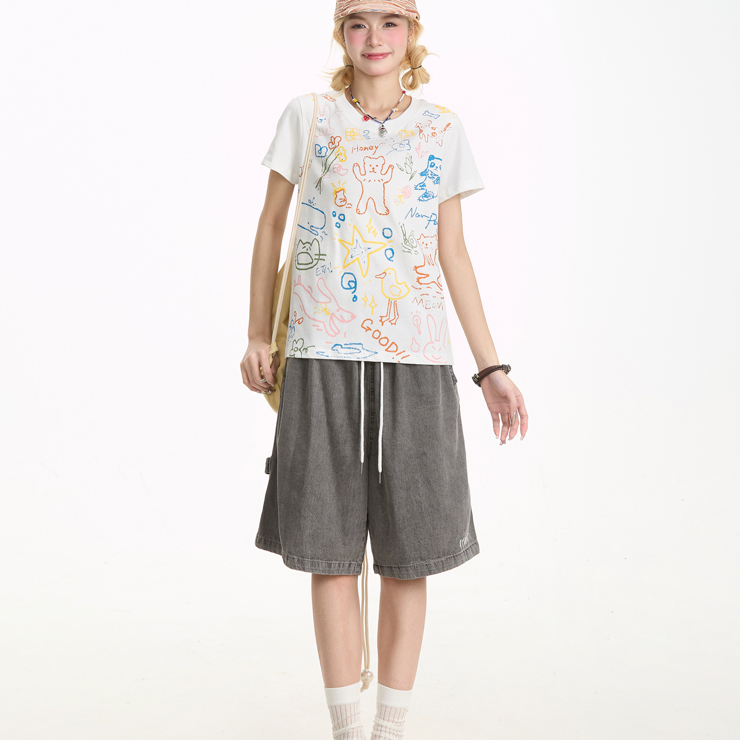 美式復古嘻哈工裝牛仔短褲女夏季寬鬆闊腿街頭中褲五分褲