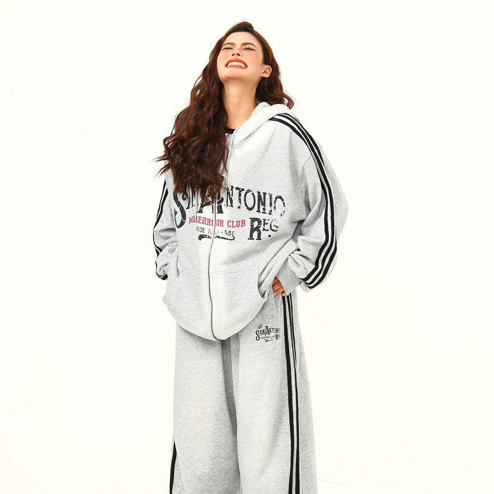 美式復古字母拉鍊衛衣外套男女秋季百搭運動套裝