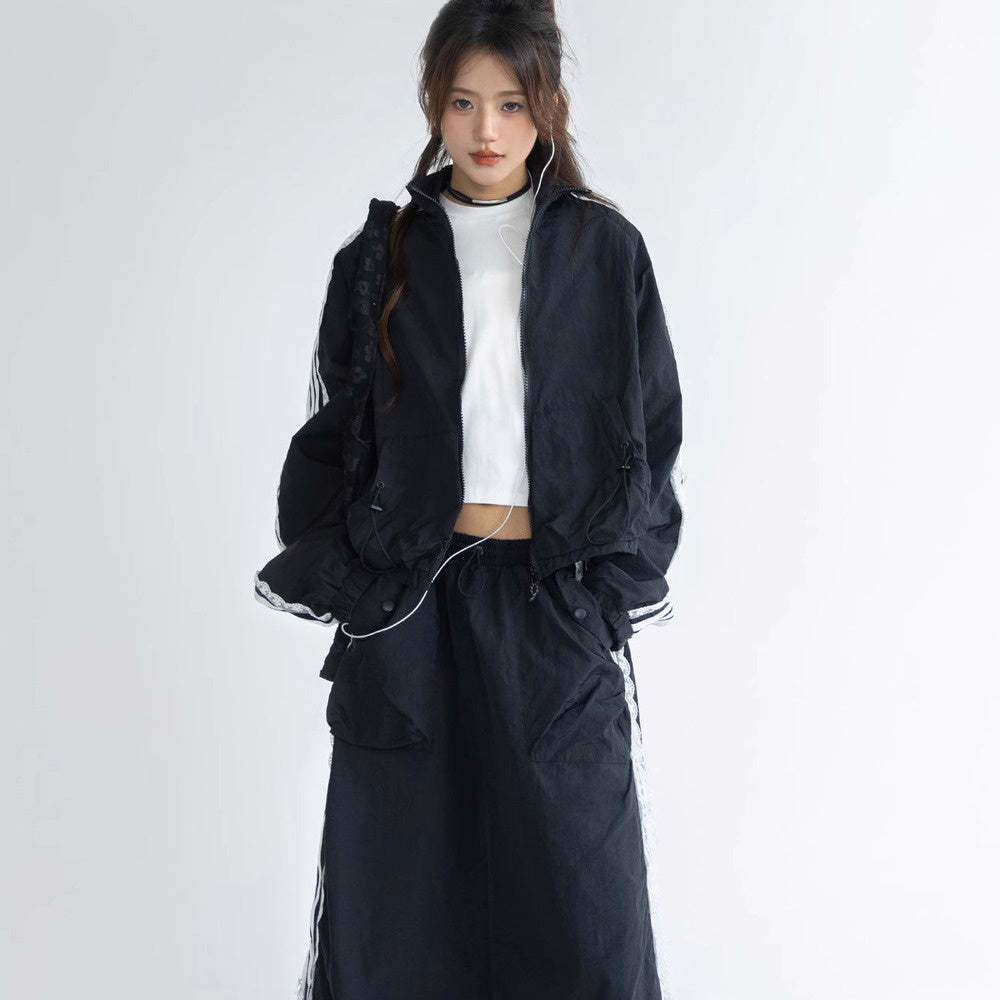 休閒運動套裝女chic條紋拼接蕾絲邊外套小個子韓系寬鬆慵懶半身裙