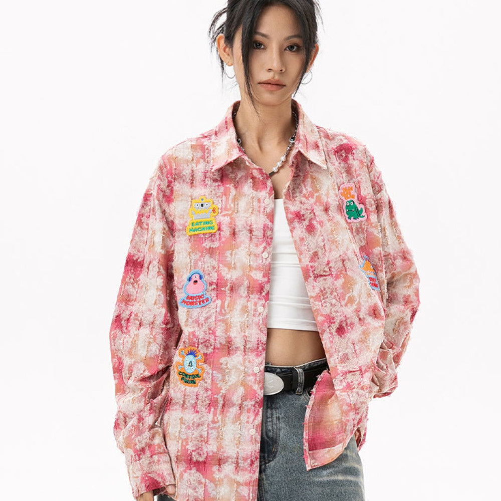 美式復古貼布刺繡卡通長袖襯衫女小香風磨毛上衣