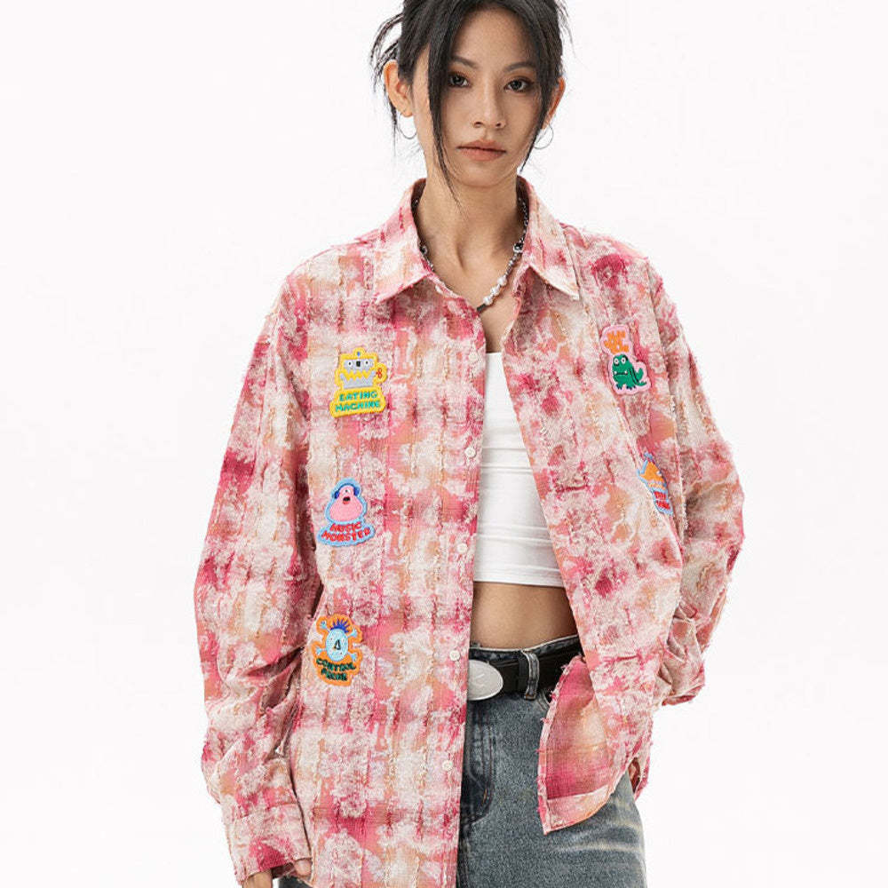 美式復古貼布刺繡卡通長袖襯衫女小香風磨毛上衣