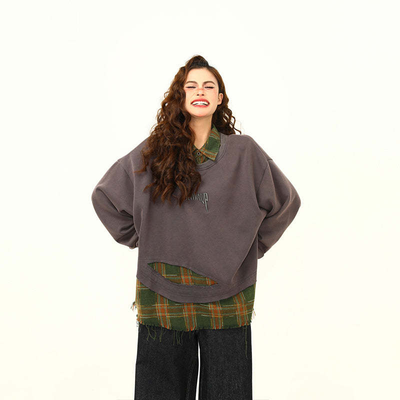 假兩件設計感做舊復古拼接衛衣女美式街頭嘻哈外套