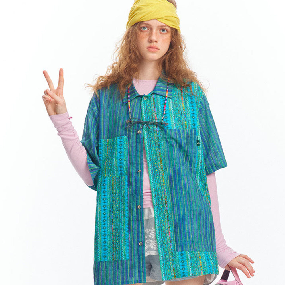 春夏新款湖藍色國潮民族風短袖襯衫女vintage上衣