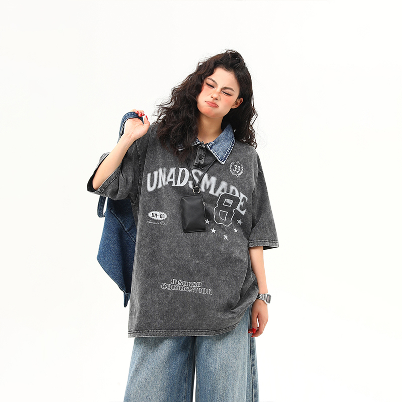 水洗重磅牛仔翻領設計感短袖T恤女夏季美式復古潮牌tee