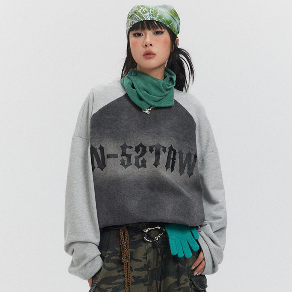 美式復古潮牌高街插肩袖衛衣女oversize上衣春秋