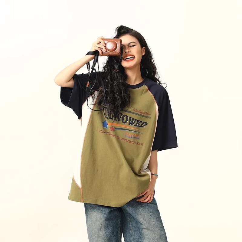 夏季新品美式復古拼接撞色短袖T恤女寬鬆上衣