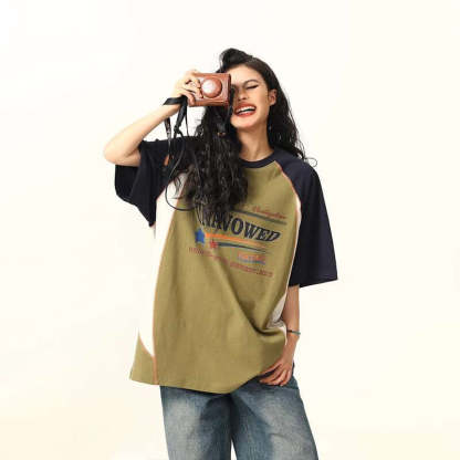 夏季新品美式復古拼接撞色短袖T恤女寬鬆上衣