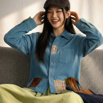 復古藍撞色拼接襯衫夾克全純棉燈芯絨翻領薄外套上襯衣女士春