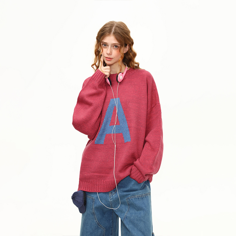 美式復古字母學院風針織衫毛衣女秋冬圓領套頭慵懶風上衣
