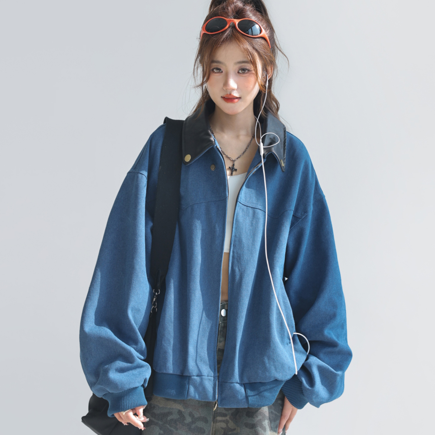 巴恩風外套女短款小個子美式復古pu拼皮工裝翻領夾克