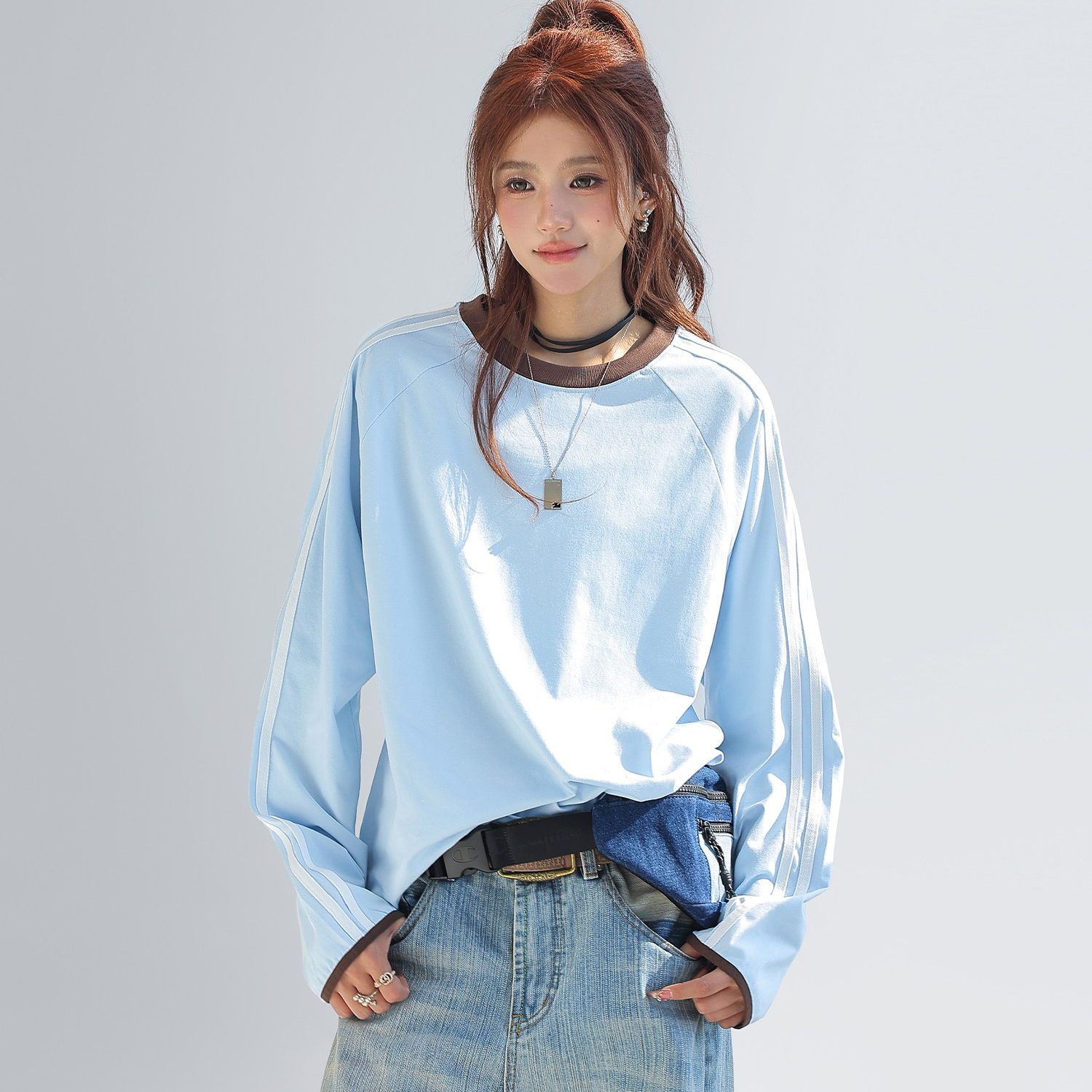 美式復古撞色拼接條紋長袖t恤女索羅娜圓領寬鬆上衣