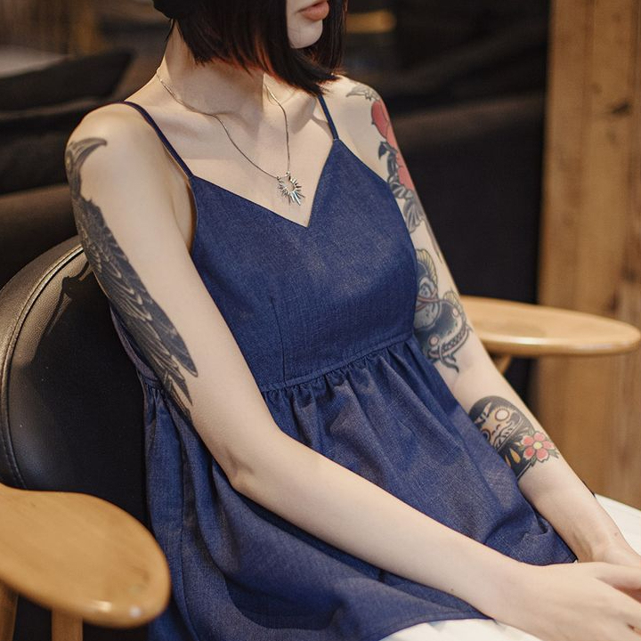 夏日Y2K性感高腰吊帶V領露背背心辣妹無袖外疊穿顯鎖骨上衣女