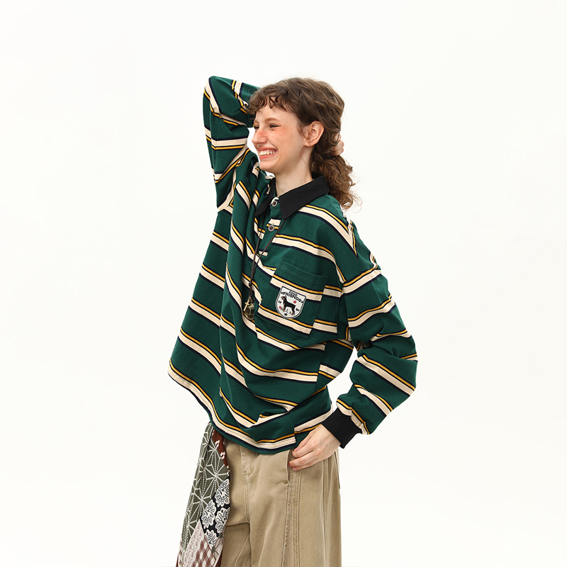 美式復古學院風條紋長袖T恤女秋季polo衫翻領寬鬆上衣