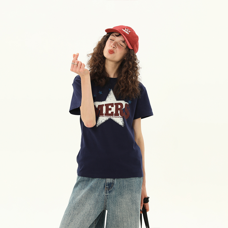 正肩T恤女美式復古星星印花夏季設計感短款寬鬆短袖上衣