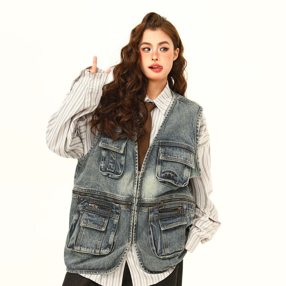 美式復古工裝牛仔馬甲外套女設計感潮牌外穿坎肩馬夾